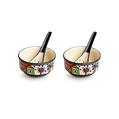 Image of ExclusiveLane 'Soupy Huts' Handpainted Ceramic Soup Bowl with Spoon Set of 2 (260 ML, Dishwasher & Microwave Safe Bowls) | Modern Soup Bowl Ceramic Bowl Set of 2 Soup Bowl Set for Kitchen