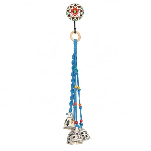 Image of KAAMERI BAZAAR Macrame Wind Chimes Enhance Living Space for Diwali (4 Bells, 1 Ring Tied with Sky Blue Macrame Thread)