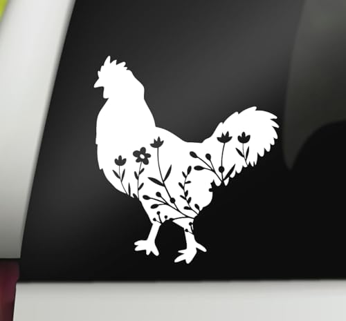 Image of Floral Chicken Decal | Farm Animal Decal | Farming Car Decal | Chicken Decal Bumper Sticker Window Laptop Tumbler Decal | 4.8 inch x 5.5 inch Size White | Made in USA | DECALBUNNY
