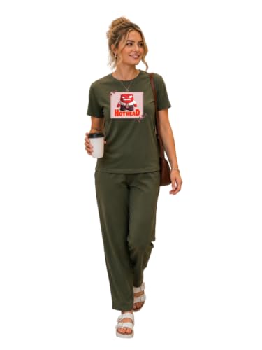 Image of ELVIA Women's Pure Cotton Top and Pyjama Co-Ord Set | Hot Head Graphic Printed Night Suit | Regular Fit Half Sleeve Round Neck T-Shirt with Pajama Loungewear Sleepwear Set for Women