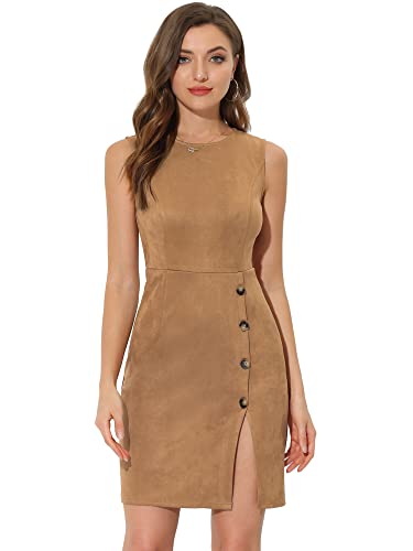 Allegra K Robe Fourreau pour Femmes sans Manches Bouton décor Fente latérale en Daim Robe Crayon de Travail Marron S Cover