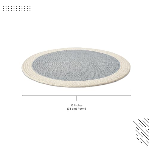 Image of Dining Table Mats Set of 4 | Cotton Table Mat 32 cm Diameter, Ecasa XO Washable Round Table Mats, Heat Resistance Dining Table Placemats, Handmade Ribbed Style for Centre Table, Light Grey & Off White