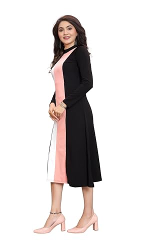 Image of LONDON BELLY Women's Poly Cotton Maxi Dress with 3 /4 Sleeves Round Boat Neck Striped Pattern Regular Fit and Calf Length | Womens Maxi Dress Cotton | Stylish Trending Dresses for Woman