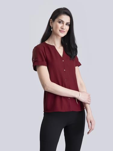 Image of FableStreet Women Formal Top | Asymmetrical Button Placket Band Collar Three-Quarter Sleeves | Pure Cotton Smooth Fabric for Office & Workwear