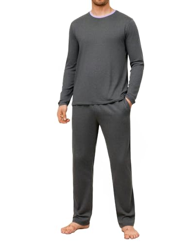 Crewhpo Pijama Hombre Largo Invierno Conjunto de Pijamas Manga Larga Algodón Ropa de Dormir 2 Piezas Cuello Redonde Tops Pijama y Pantalones