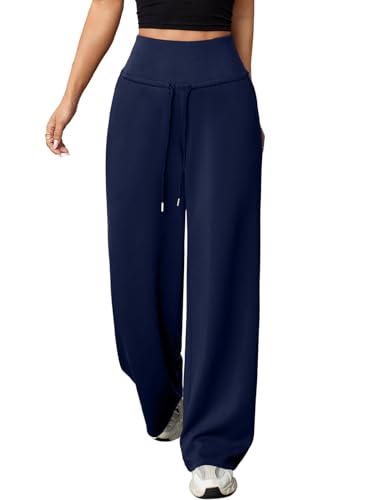 Herseas 2025 Fall Wide Leg Pants for Women Waistband Baggy Straight Sweatpants Loose Workout Pants Navy Blue