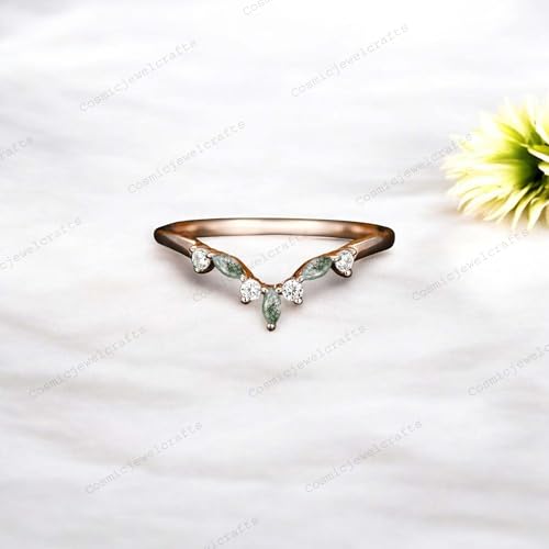 Curved Moss Agate Wedding Band 10k Rose Gold Diamond Band Half Eternity Promise Jewelry for Women Dainty Birthday Gift for Best Friend2