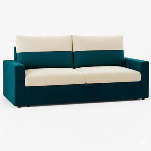 Image of SOCOZI Enrique 2-Seater Pull-Out Sofa Cum Bed | Soft Velvet Suede Fabric, Convertible Sofa Bed for Bedroom (Green Teal-Cream)