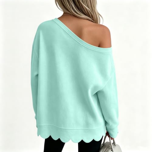 Off Shoulder Sweatshirt for Women Cotton Scalloped Hem Fall Pullover Top - image 5