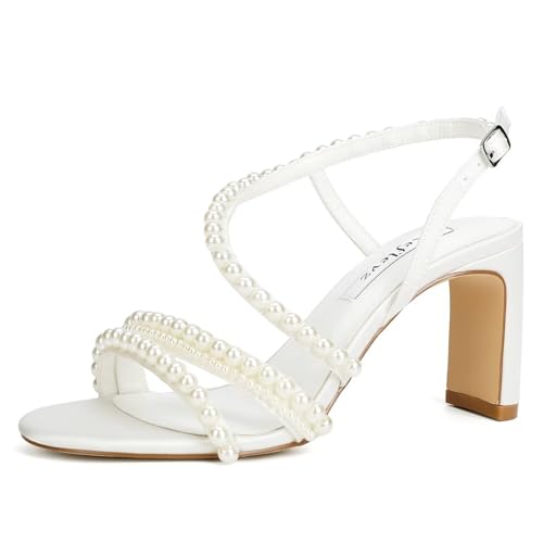 Pearl Heels Wedding Shoes for Bride Open Toe Heeled Sandals Bridal Shoes Strappy Wedding Heels