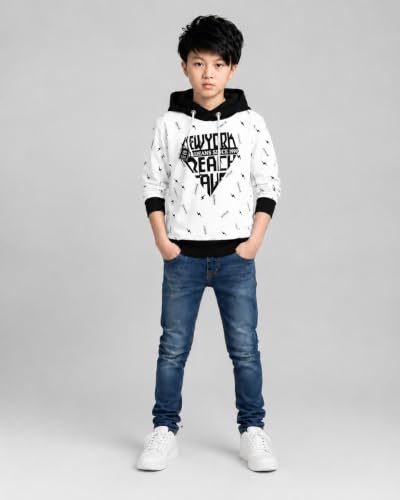 Image of TICOSS Kids Boys & Girls Hooded Neck Full Sleeves Typography Printed T Shirt, White, Pack of 1