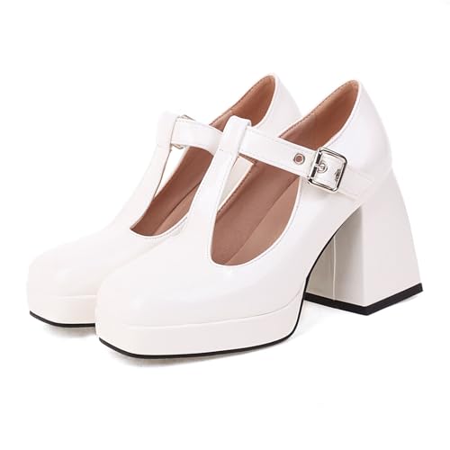 Women’s Platform T-Strap Mary Jane Shoes Chunky Block High Heels Ladies Closed Square Toe Dress Pumps with Buckle for Office Party Wedding Casual2