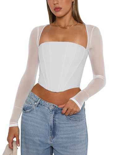REORIA Women's Fall Fashion Mesh Long Sleeve Square Neck Boned Corset Tops Sexy Trendy Going Out Crop Tops Valentines Day Shirts (White Medium)