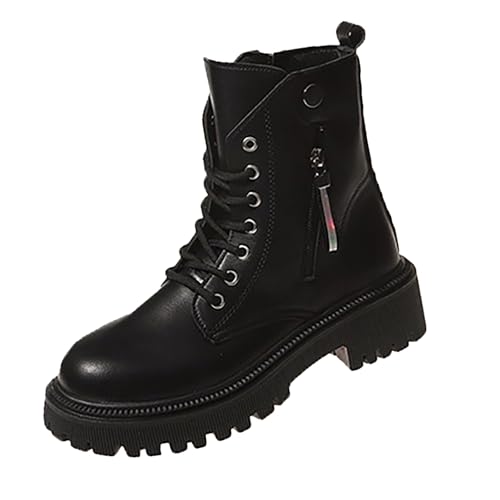 Botas planas de mujer con tacón, botas de equitación con cremallera, con cordones, para el tiempo libre, de un solo color, elegantes, Negro , 36 EU