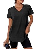 Short Sleeve Shirts for Women Workout Yoga Tops Sun Protection Clothing Summer Outfits Rash Guard Side Slit V Neck Black XL