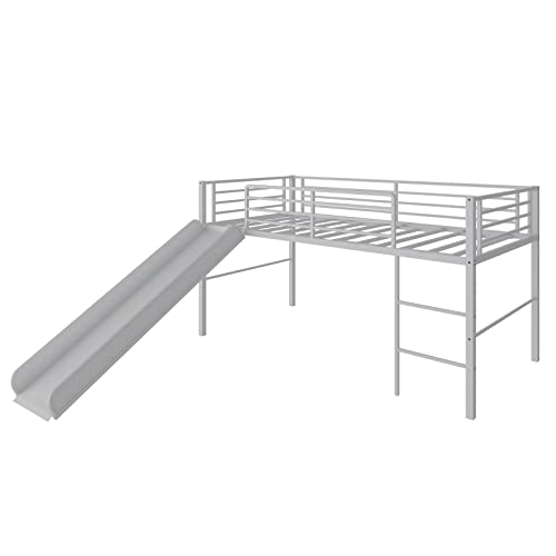 Giantex Twin Loft Bed With Slide, Metal Low Bunk Bed W/Safety Guardrails & Built-In Ladder, Toddler Bed Floor Frame For Boys & Girls, No Box Spring Needed (Silver) #TOP7