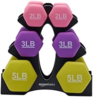 Amazon Basics Neoprene Hexagon Workout Dumbbell Color-Coded Hand Weight - Set of 6 (2, 3, and 5 Pound Weights) with Storage Rack