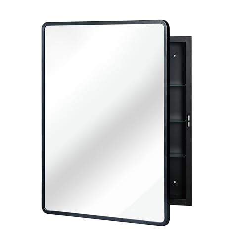 Image of Recessed Medicine Cabinet with Mirror, Bathroom Mirror with Storage, Surface Mount Medicine Cabinet with Adjustable Shelves, Over Sink Wall Mounted Mirrored Medicine Cabinets for Bath (Black, 24x30in)