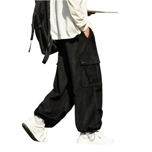 [foveitaa] ズボン カーゴパンツ コーデュロイ ロングパンツ メンズ オーバーサイズ ワイドパンツ リラックスパンツ ガウチョ スウェット スポーツ アウトドア 調整紐 ウエストゴム 人気 無地 春服 秋服 冬服black-XL - foveitaa - 商品画像