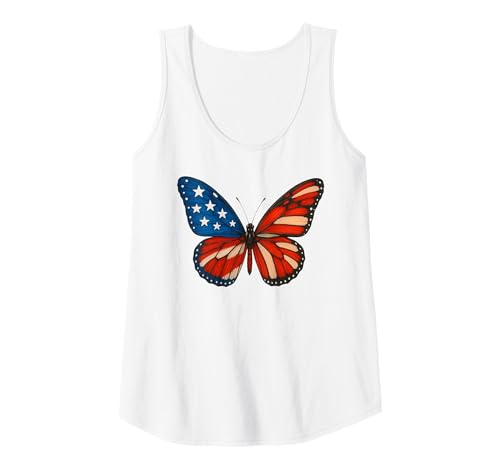 Butterfly 4th July USA Flag Patriotic Independence Day Tank Top, Women, White, Large