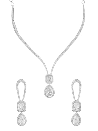 Image of Yellow Chimes Jewellery Set for Women and Girls American Diamond Jewellery Set | Rosegold Rhodium Plated AD Necklace Set for Women | Birthday Gift for Girls & Women