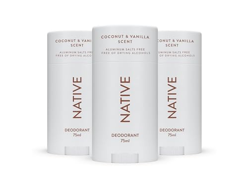 Native Desodorante Natural para Mujeres y Hombres – Sin Alcohol ni Aluminio – Aroma a Coco y Vainilla – Con Manteca de Karité, Aceite de Coco y Bicarbonato – Control del Olor por 72 Horas (3 x 75ml)