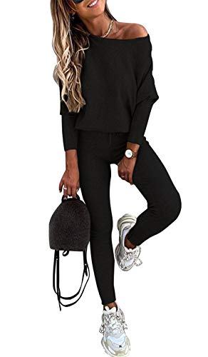PRETTYGARDEN Womens Casual Two Piece Outfit Long Sleeve Off Shoulder Tops with Leggings Active Tracksuit Solid Lounge Wear Black