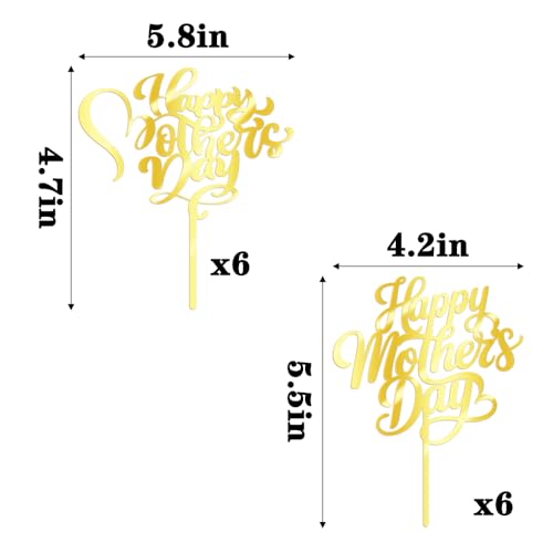 FmiyunEea 12 Pack Gold Happy Mother's Day Cake Toppers - Mirror Acrylic Cake Picks for Mother's Day Party Decorations, Cupcake Toppers for Mom Birthday Party