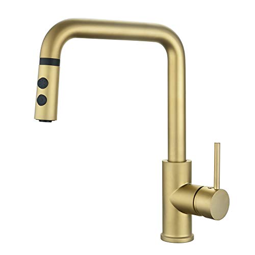 50% Off Discount Champagne Gold Pull Out Kitchen Sink Faucet Matte Brushed Bright Gold Single Handle with Pull Down Sprayer Peppermint