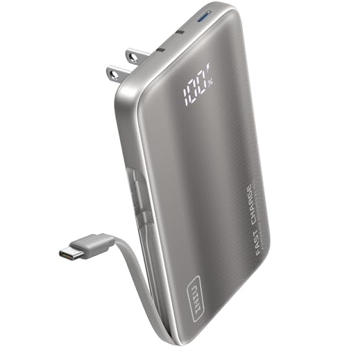 INIU 3-in-1 Portable Charger, 45W 10000mAh Fast Charging Power Bank, Built-in USB C Cable & Foldable Wall Plug, Travel Essentials, Battery Pack for iPhone 17 16 15 Series, Samsung, MacBook, Gray