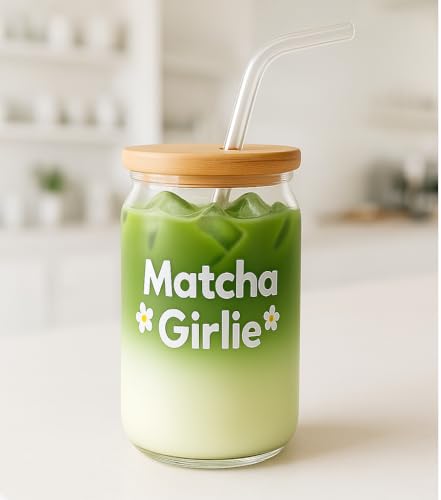 Image of THE UMBRELLA STORE Glass Tumbler Bamboo Lid and Straw, Coffee Tumbler, Reusable Glass (Matcha Girlie)