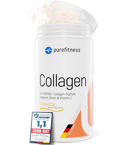 Purefitness VERISOL Collagen Pulver 450 g [NOTE 1 1] mit BEAUTY-Formel - Patentiertes VERISOL Collagen Peptide - Kollagen Pulver mit Hyaluron Biotin & Vitamin C