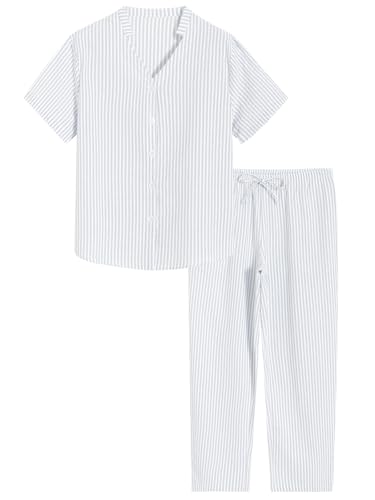 Latuza Women's Petite Seersucker Pajamas Set Cotton Pj Set Petite Size M Gray Stripe