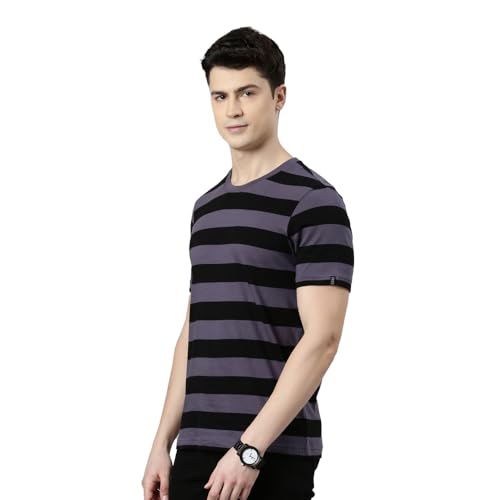 Image of FASO Men's Yarn Dyed Striped T-Shirt | Super Soft Combed Cotton | Sporty Big Stripes | Half Sleeves | Customized Comfort Fit for Smart Casual Wear