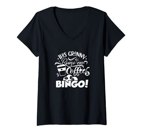 Womens This Granny Runs On Coffee And Bingo, Funny Bingo Gambling V-Neck T-Shirt, Black