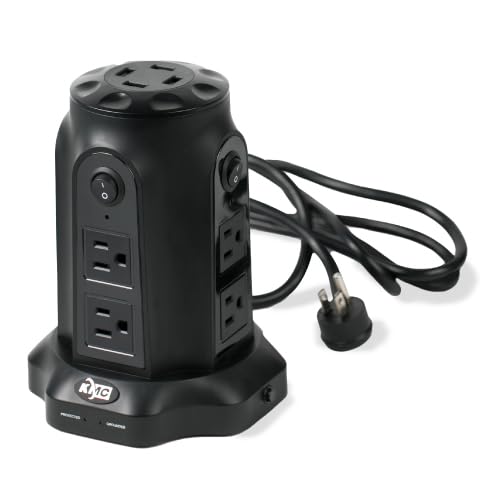 Torre de Multitoma KMC con Puertos USB (4 USB-A), 8 Tomacorrientes, Extensión de 6 pies, Protector contra Sobretensiones 1080J