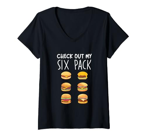 Mujer Echa un vistazo a My Six Pack Hamburger Fast Food Cheeseburger Lover Camiseta Cuello V