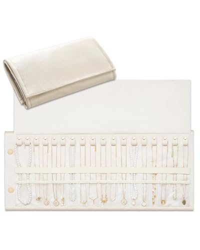 Lolalet Organizador de colares de viagem anti-emaranhados, bolsa de jóias de couro dobrável e rolo para colares, correntes e pulseiras - branco creme, 18 compartimentos