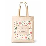 Planetee Tote bag femme coton Catherine d'amour motif fleurs sac prénom cadeau anniversaire Noël sac tissu