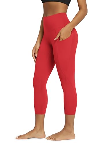ODODOS Women's High Waisted Cropped Yoga Leggings with Pockets, 23" Inseam Tummy Control Workout Running Yoga Pants, Red, Medium