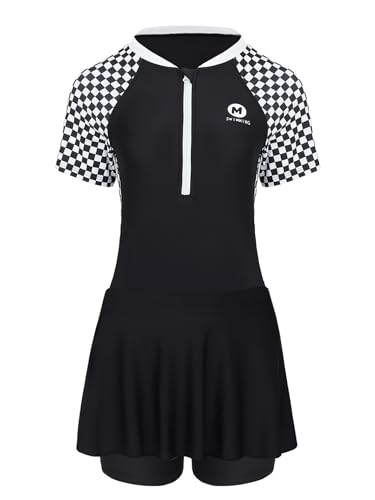 Hedmy Girls One Piece Swimsuits UPF 50+ Rash Guard Swimwear Front Zipper Short Sleeve Bathing Suit with Skirts3