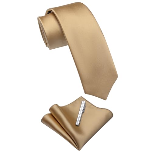 Image of YourTies Skinny Ties for Men Satin 2.4 inch Slim Necktie with Pocket Square Tie Clip Set Solid Color Wedding Party Business