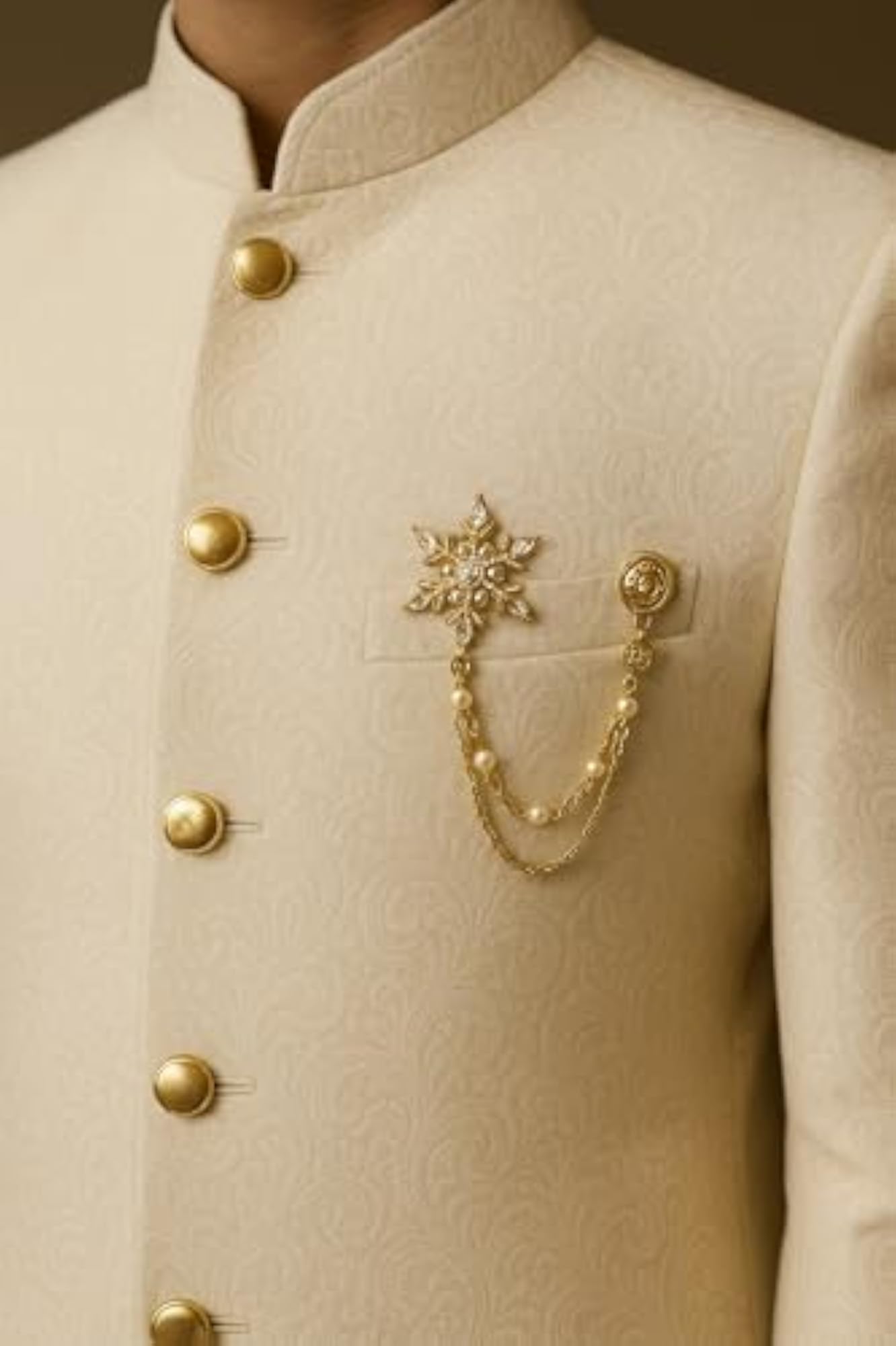 Men's Premium Gold Lapel Brooch with Triple Chain & Pearls