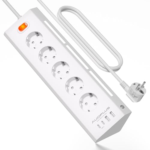 AUOPLUS Regletas Enchufes con USB Multiple con 5 Toma de Corriente y 4 USB Puertos, Regleta Inteligente con Proteccion Sobretension y luz nocturna LED ajustable al tacto, Cable de 2M, 3680W/16A,Blanco