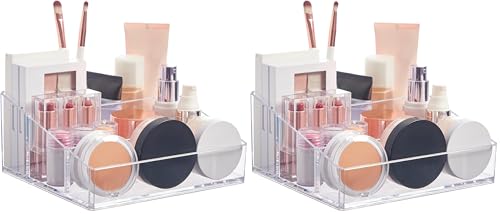 Image of STORi Clear Plastic Small Countertop Vanity Makeup Organizer, Compact Rectangular 4-Compartment Holder for Brushes, Eyeshadow Palettes, & Beauty Supplies, Made in USA (Pack of 2)