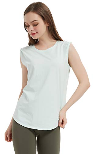 Frauen Yoga Workout Tanktops Open Back Ärmelloses Fitnessstudio Sporthemden Rundhalsausschnitt Weiches, süßes Sommer-Mesh-T-Shirt Lose Passform für das Laufen Tennis, Grün, Klein Cover