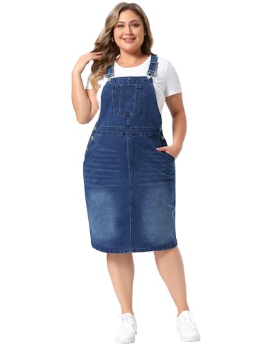 Image of Agnes Orinda Plus Size Denim Overall Dress for Women Vintage Adjustable Strap Pinafore Bib Jean Dresses with Side Pockets