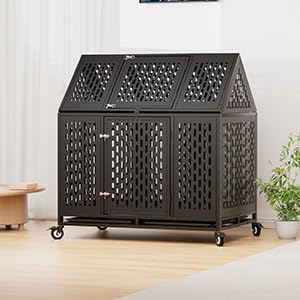 Miniatura 8 de Jaula de perro indestructible de 44 pulgadas con ruedas, a prueba de escape, doble puerta para interiores, alta ansiedad, perrera de acero con