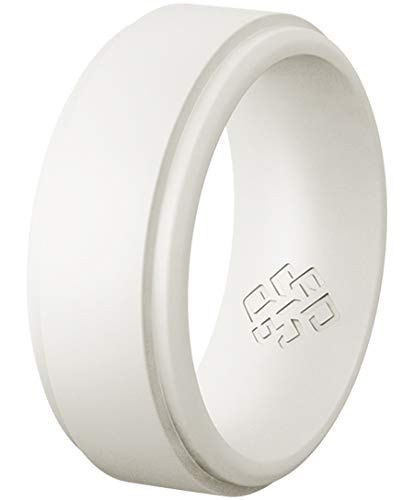 Knot Theory Pearl White Silicone Ring Men - Size 8 Step Edge 9mm Wide Rubber Wedding Band - Gym Workout Weight-Lift Ring