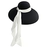 Hudiefly Black Wool Wide Brim Hat for Women – 1960s Vintage Audrey-Inspired Church, Tea Party & Funeral Hat with Removable White Silk Chiffon Scarf, Structured Brim Styles Classic Hollywood Style